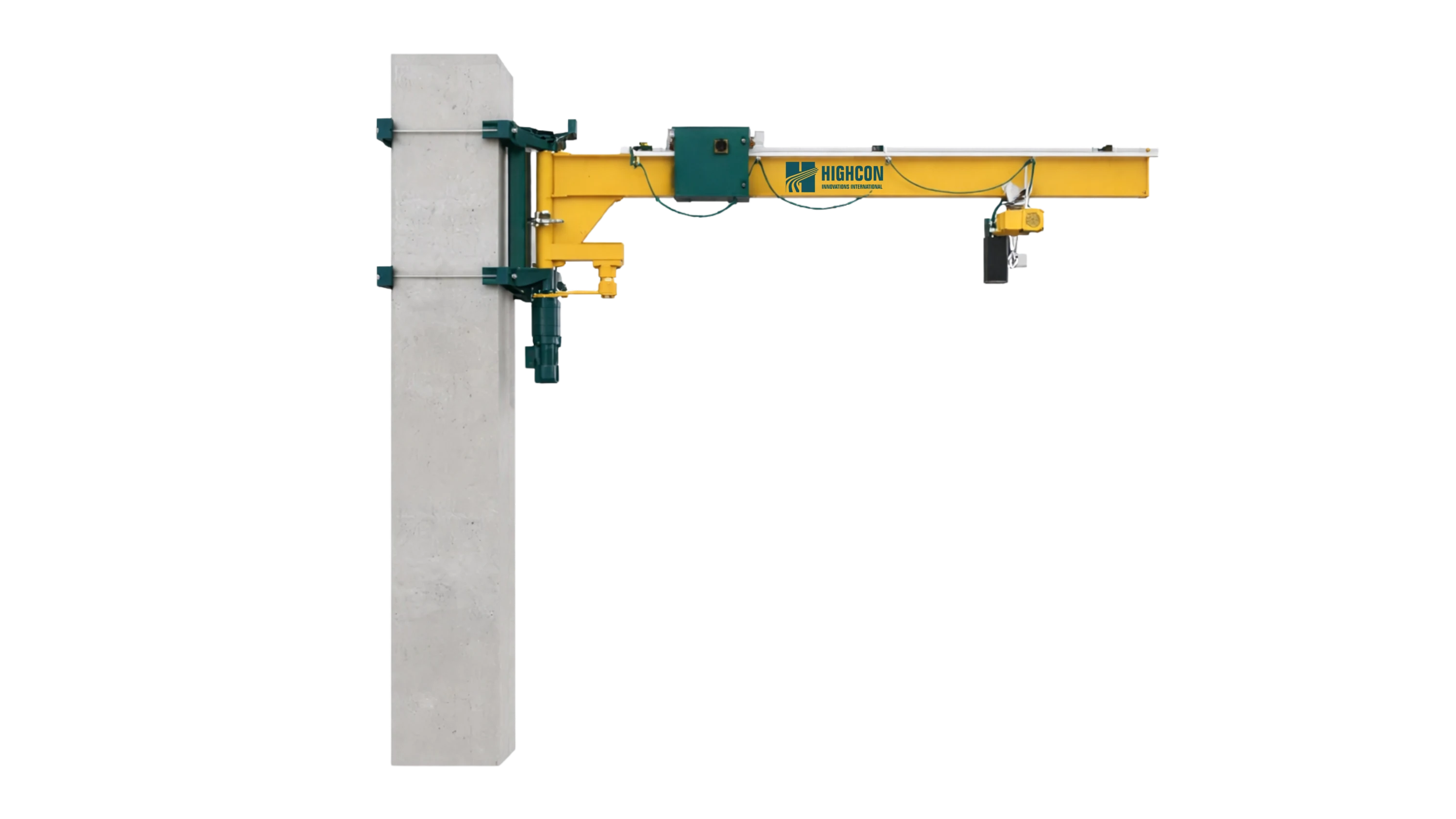 Wall-mounted jib crane with cantilever girder boom with tie rods and electric rotation