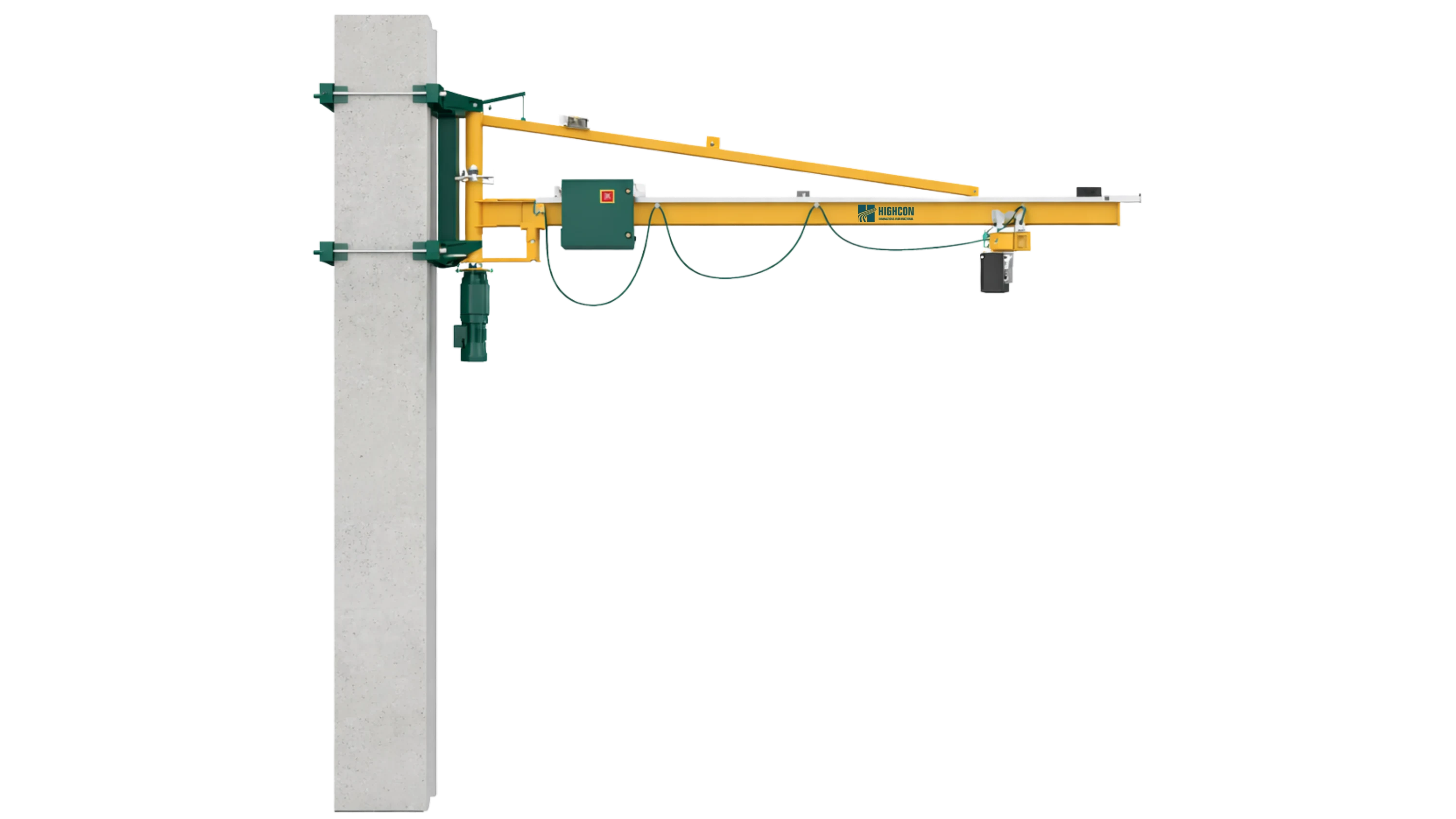 Wall-mounted jib crane with girder boom with tie rods and electric rotation