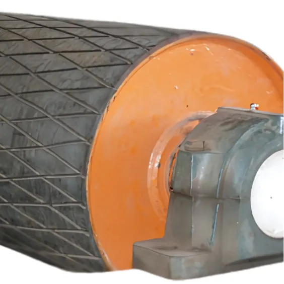 Large metal roller with an orange stripe, identified as a tail pulley, used in conveyor systems.