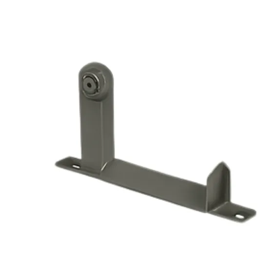Gray metal bracket with a single screw, designed for guide rollers or training idlers in mechanical applications.